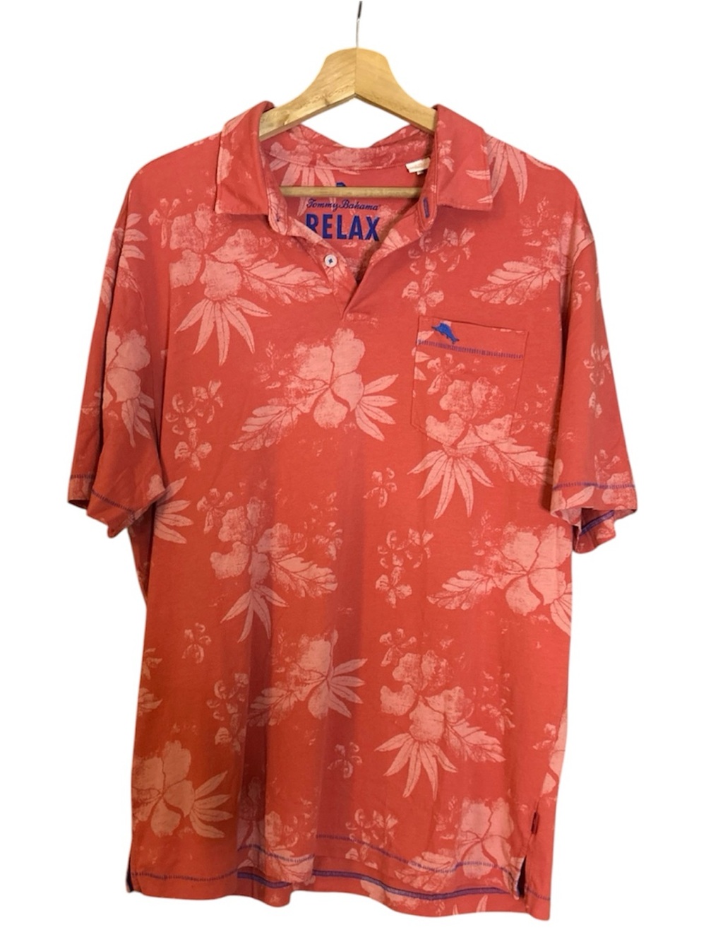 Tommy Bahama Relax Coral Hawaiian Floral Polo Shirt Size Large 100%Pima Cotton